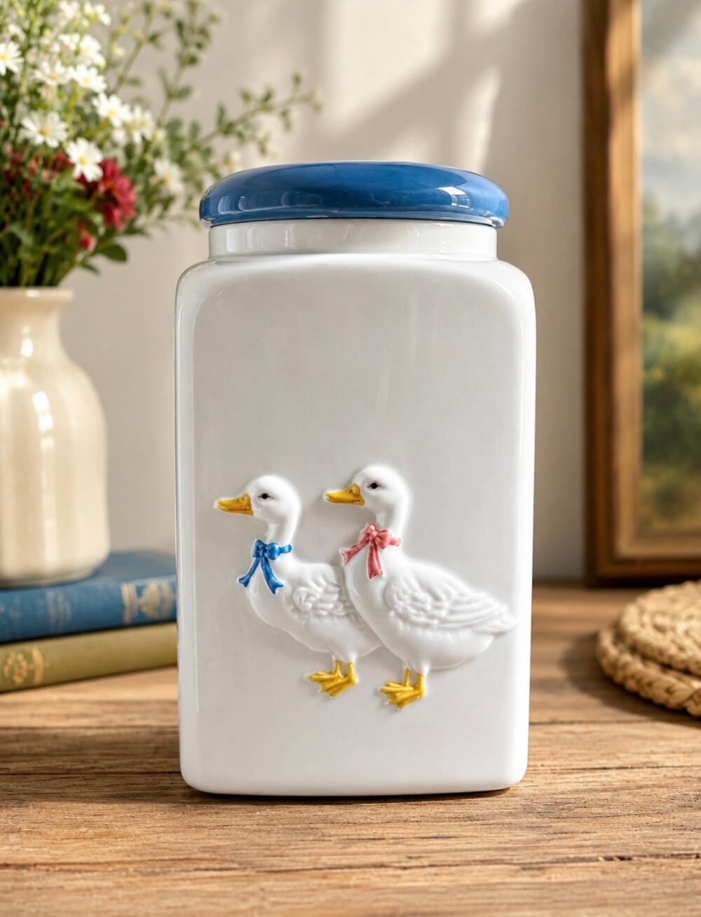 White Ceramic Duck Canister with Blue Lid